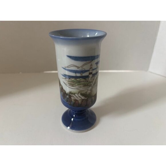 Vintage OTAGIRI Stoneware Pedestal Irish Coffee Mug Seagulls Lighthouse Nautical - Picture 2 of 6